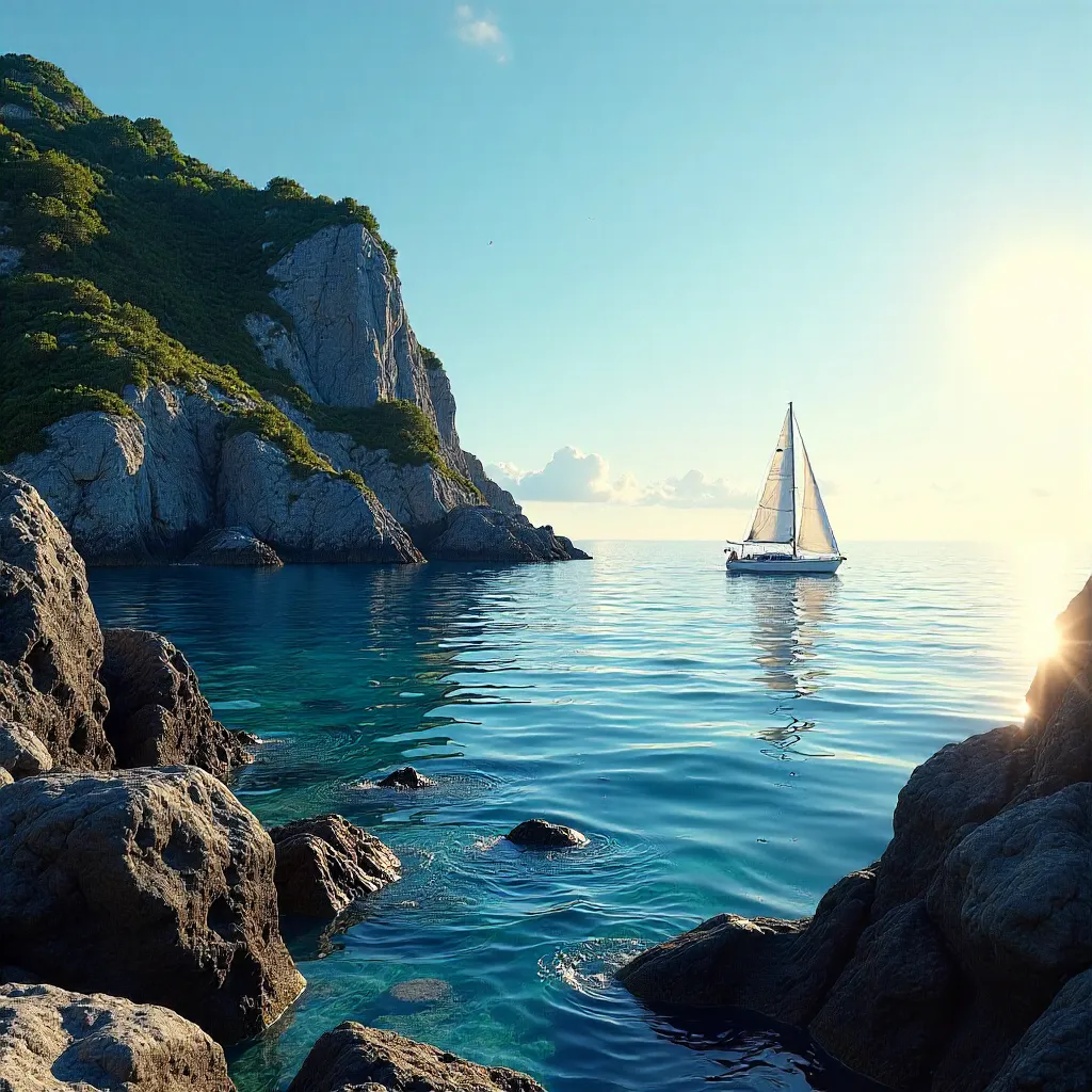 Tranquil Sailboat by Rocky Shore Under Blue Sky