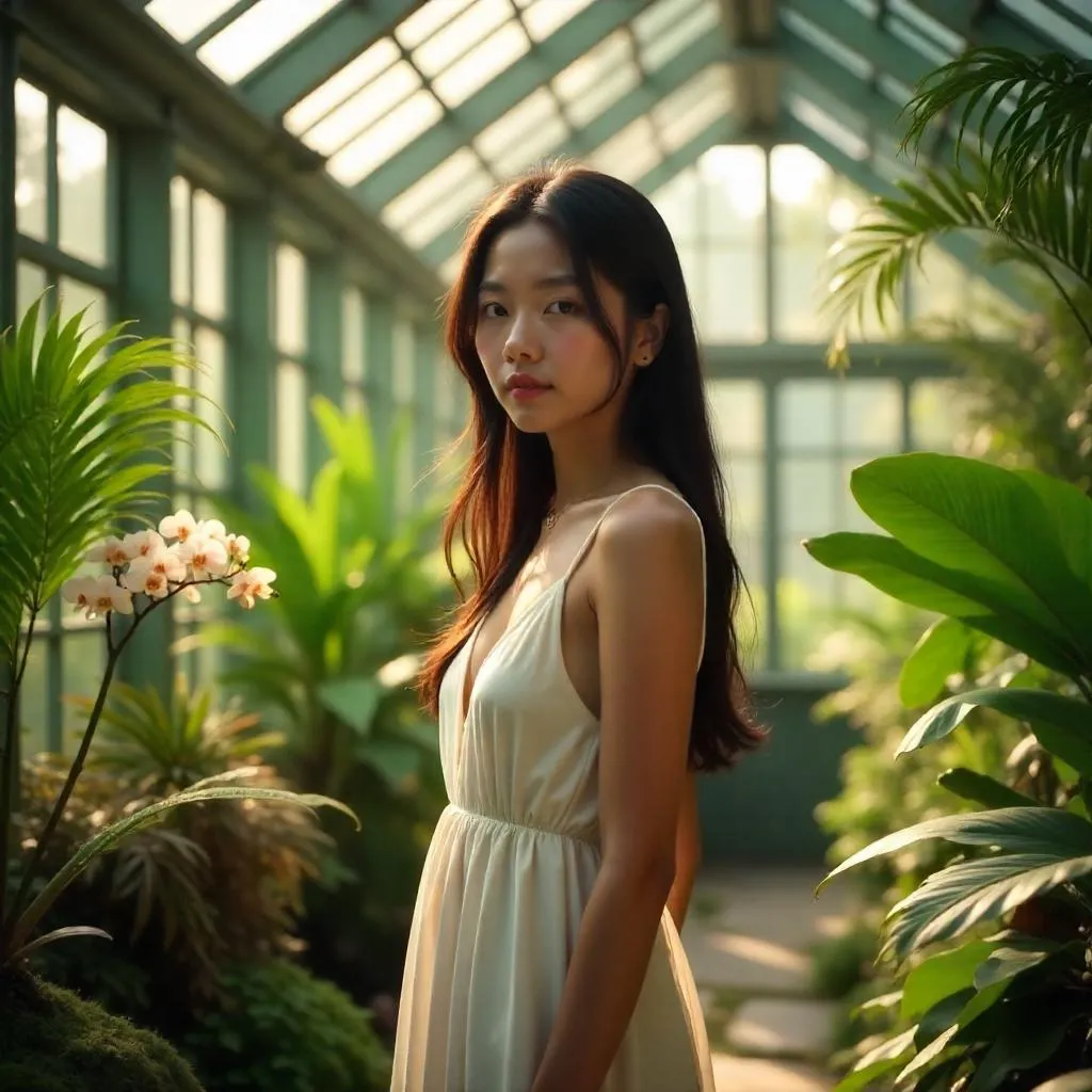 Serene Photorealistic Portrait in a Conservatory