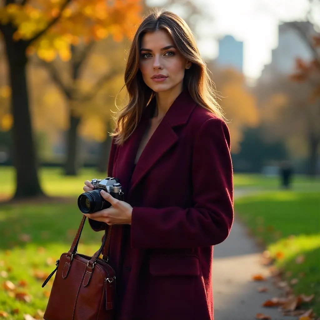 Portrait in Maroon: Woman with Camera Outdoors