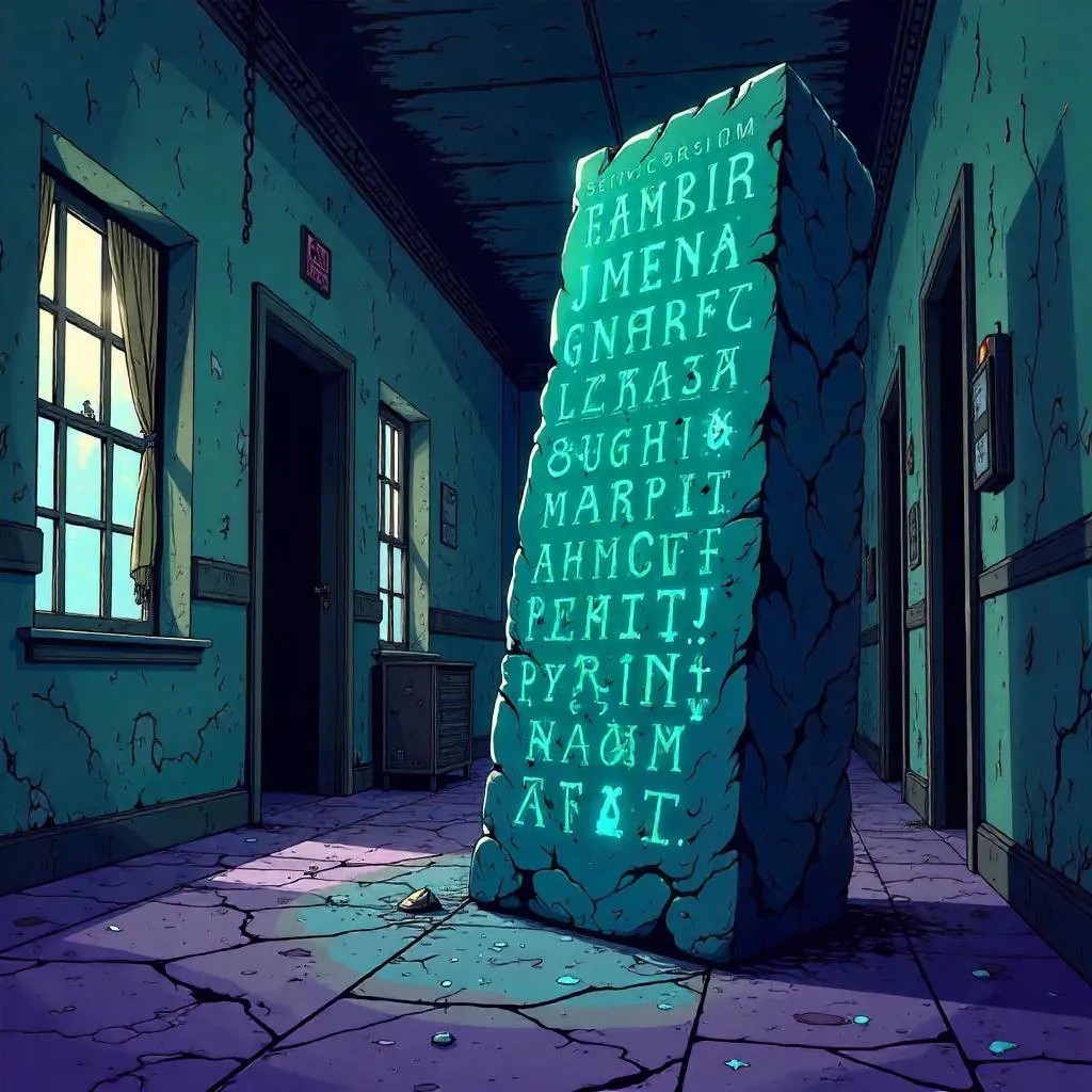 Runic Stone in the Abandoned Asylum (Cartoon Style)