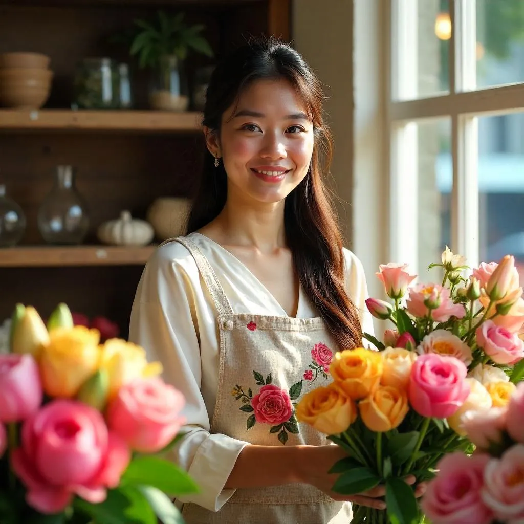 Photorealistic Middle Eastern Woman in a Flower Shop