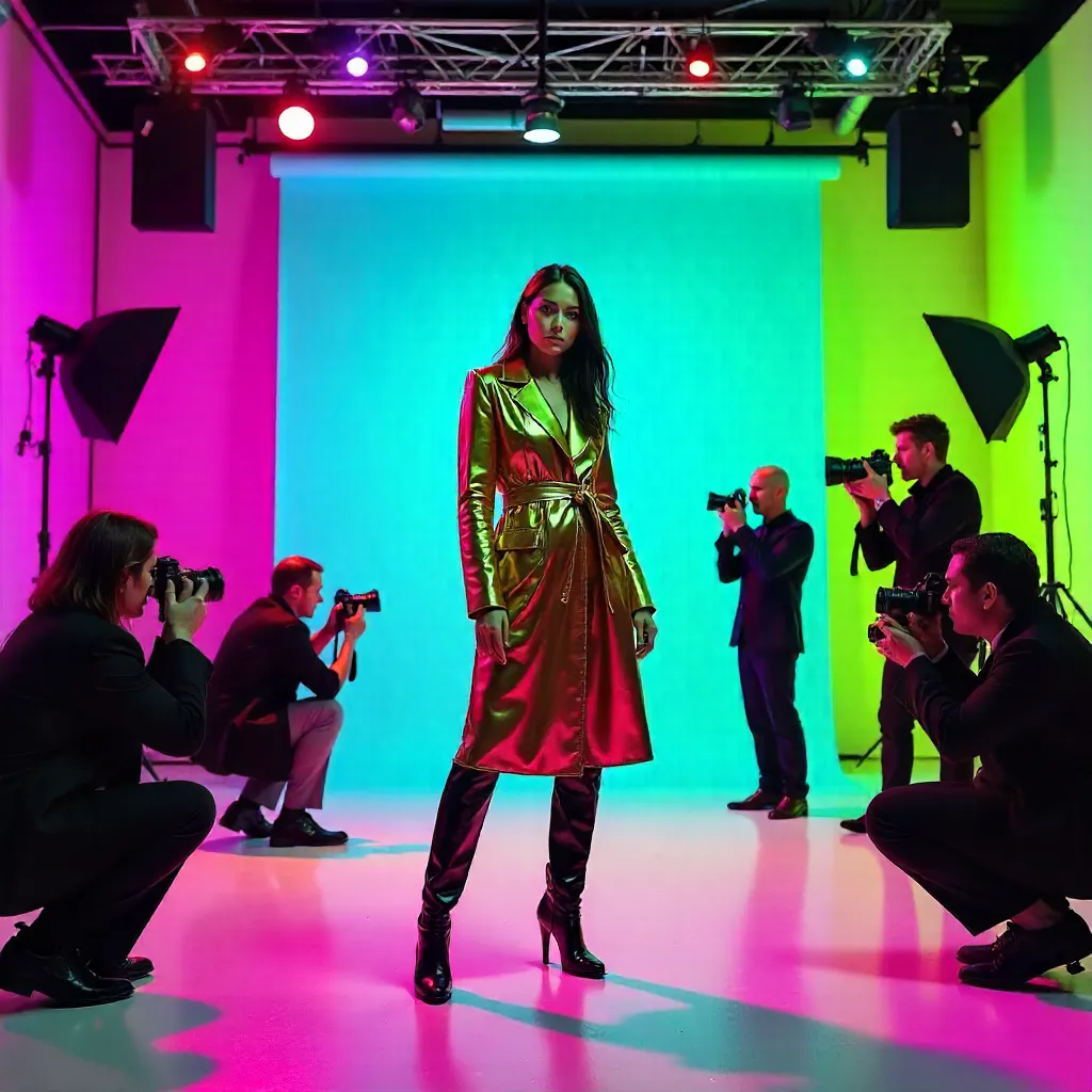 Vibrant Studio Fashion Shoot: Model in Action