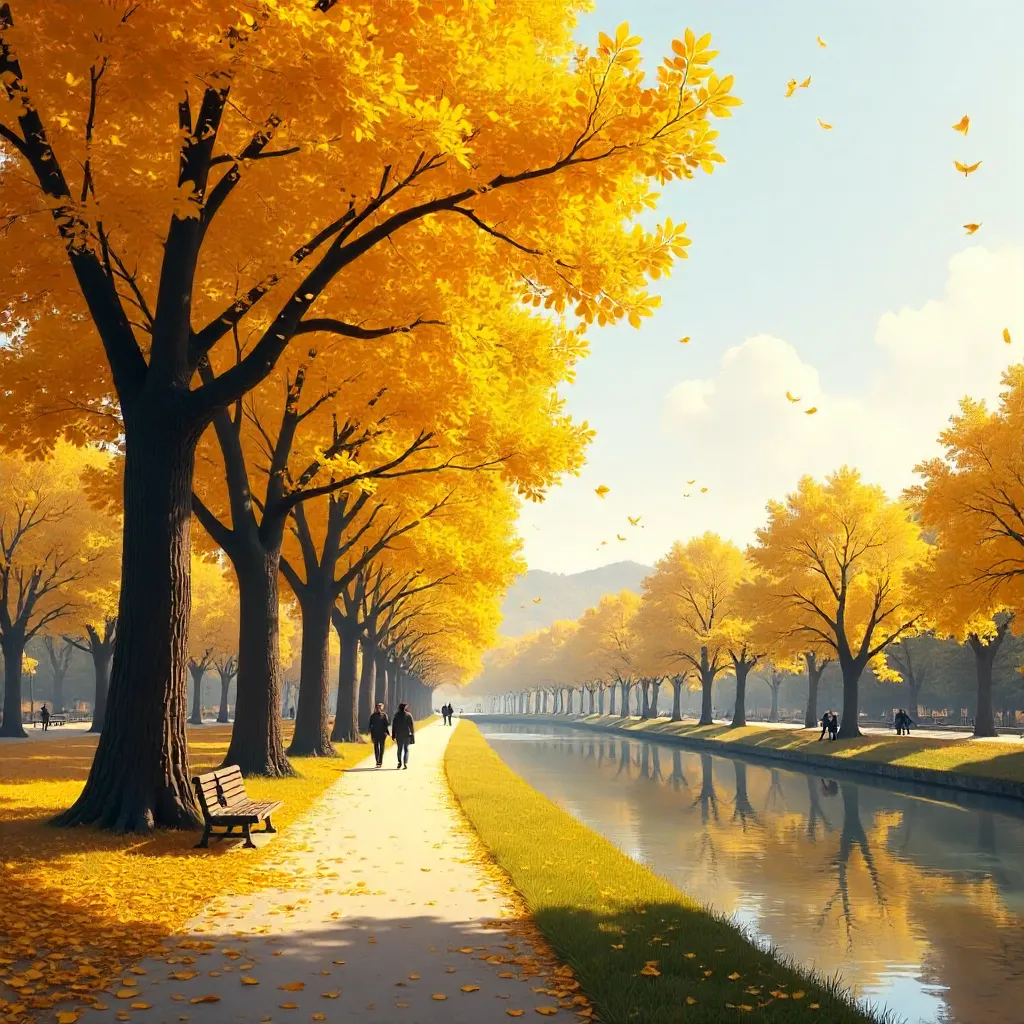Golden Ginkgo Park in Autumn: Tranquil Fall Scene