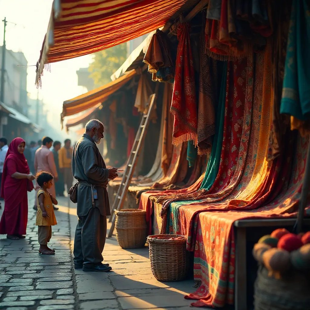 Vibrant Textile Market: Merchant and Crowd