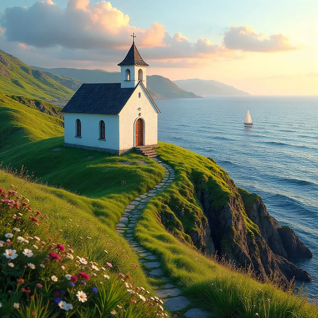 White Chapel Over Ocean on Lush Green Hills