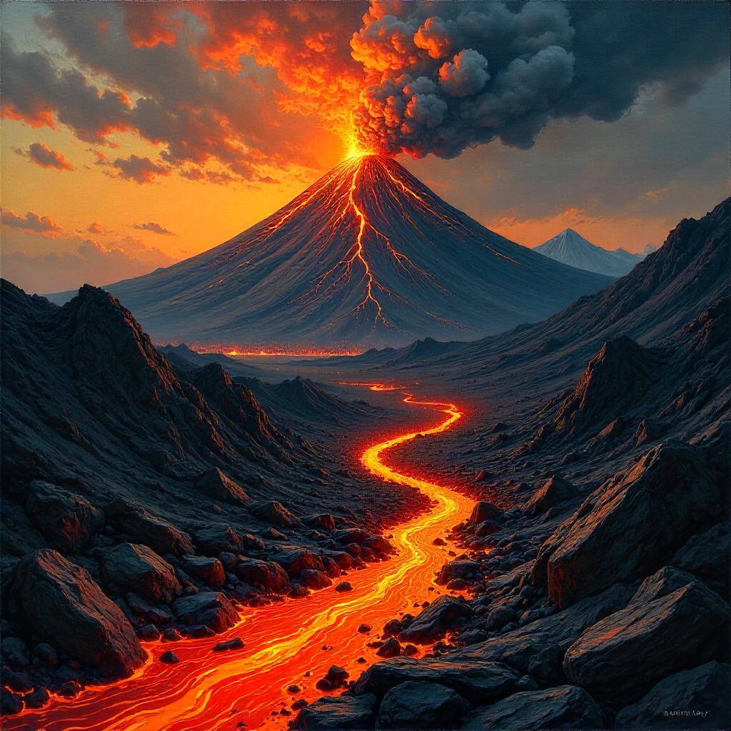 Impasto Oil Volcano: Dusk Lava Flow