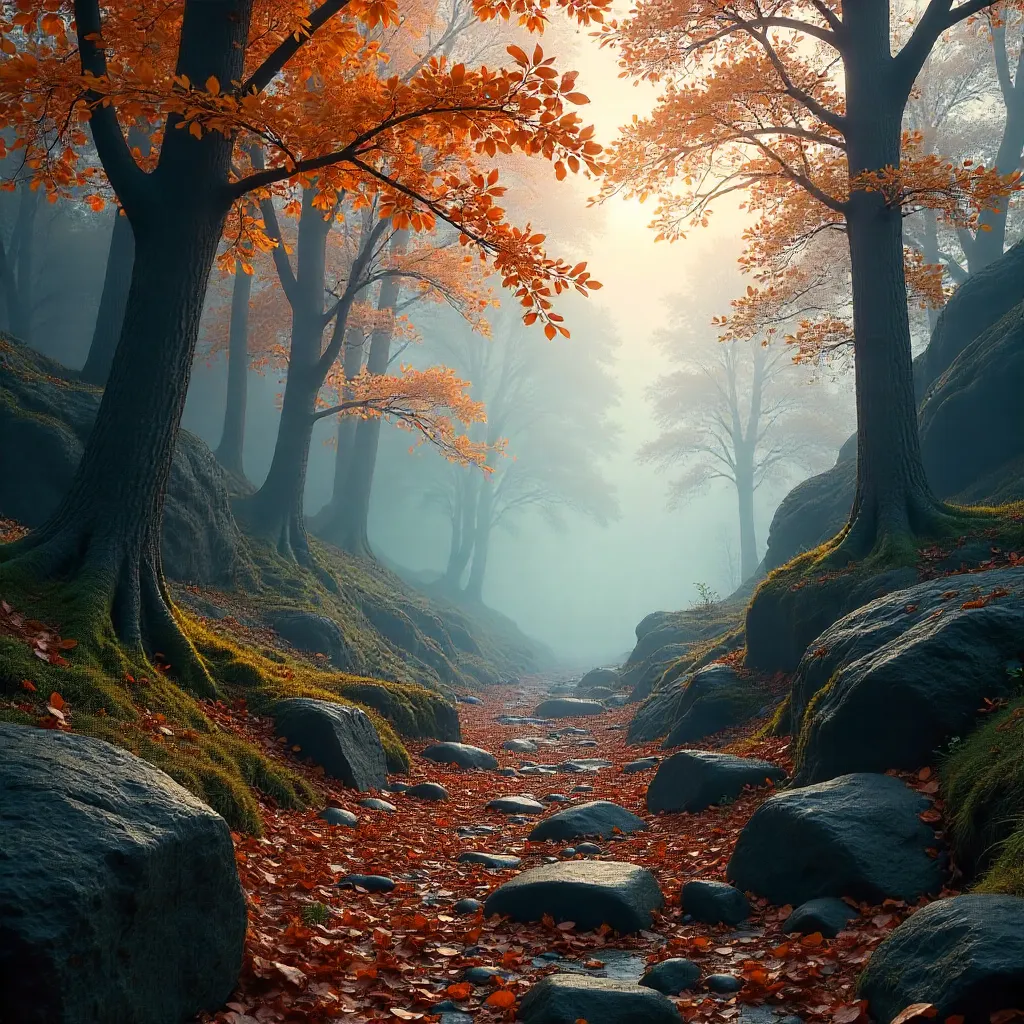 Tranquil Misty Autumn Forest with Fog and Rocks