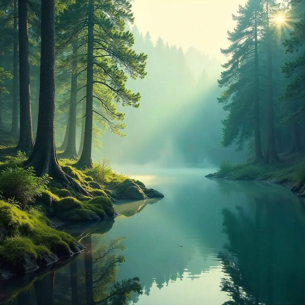 Misty Forest Lake: Tranquil Emerald Landscape