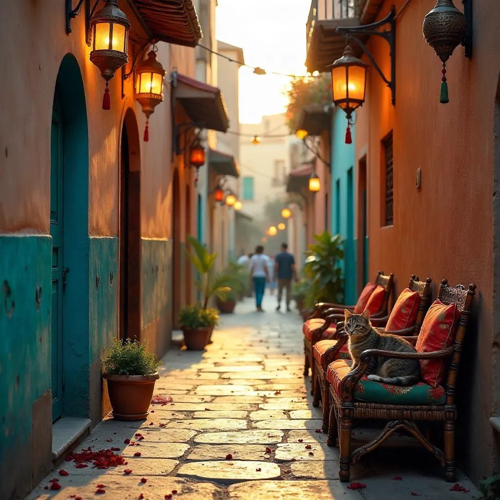 Charming Marrakech Alley: Cat on Colorful Woven Chairs