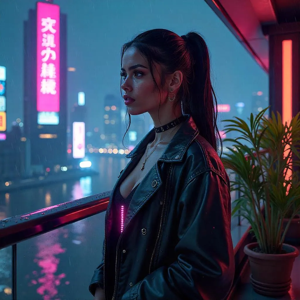 Neon Terrace: A Latina Cyberpunk Portrait