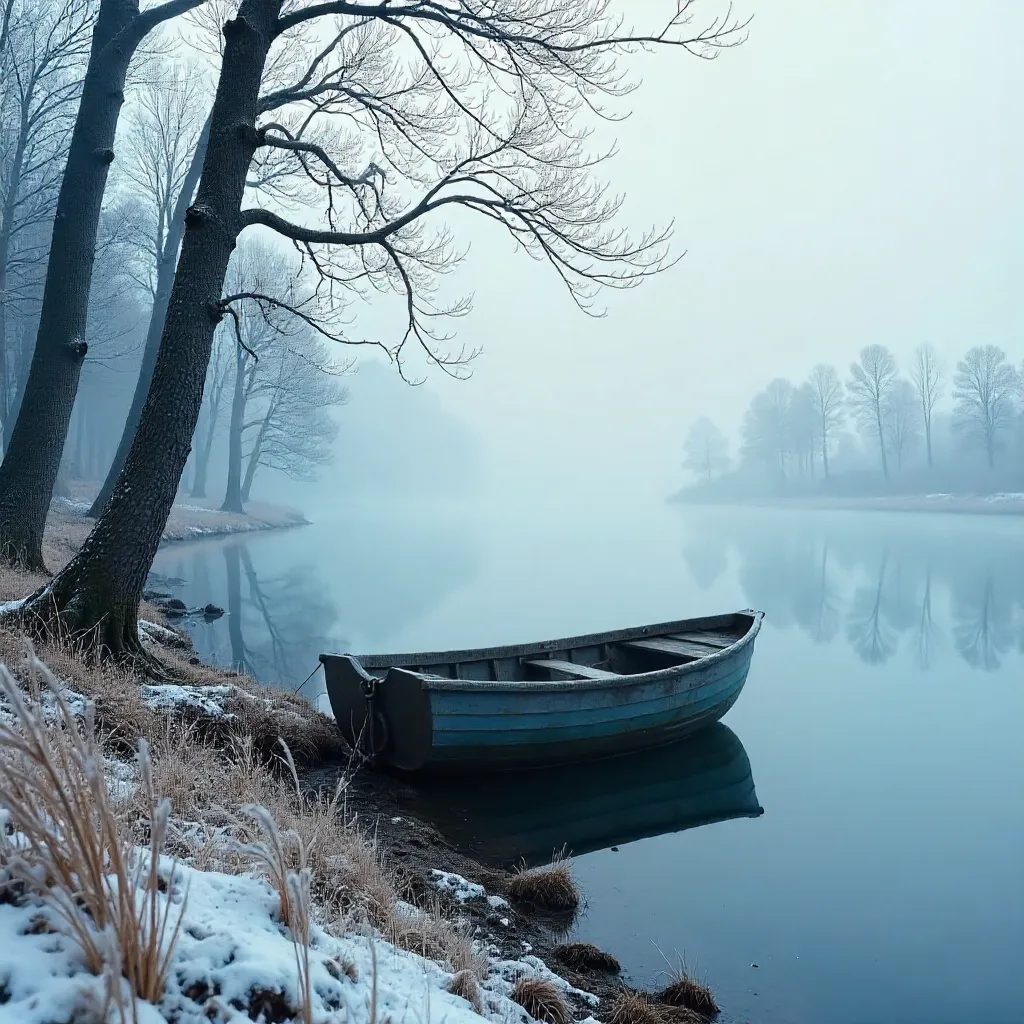 Serene Winter Lake With Mist and Bare Trees