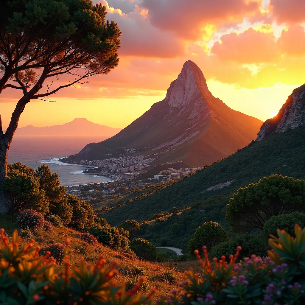 Sunset over Lions Head amid lush Cape Town trees
