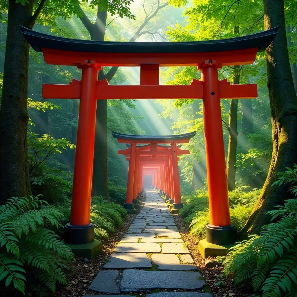 Vermilion Torii Gate on Kyoto's Lush Inari Trail