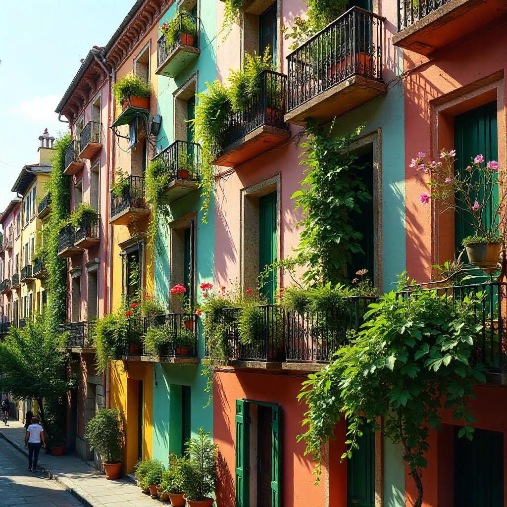 Vibrant Urban Facade: Balconies & Greenery