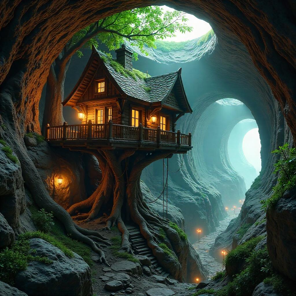 Underground Treehouse Over a Cavern City