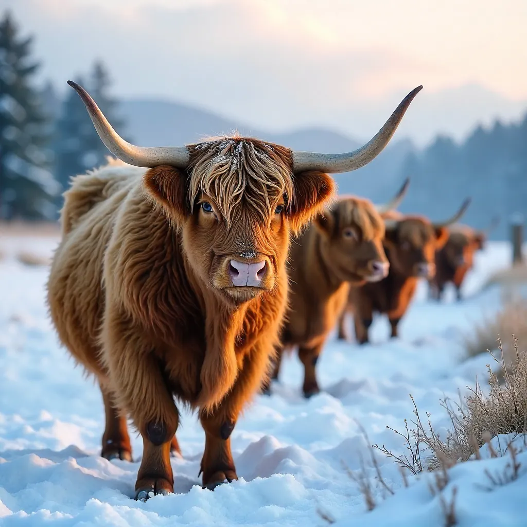 Highland Cattle in Snowy Scottish Field