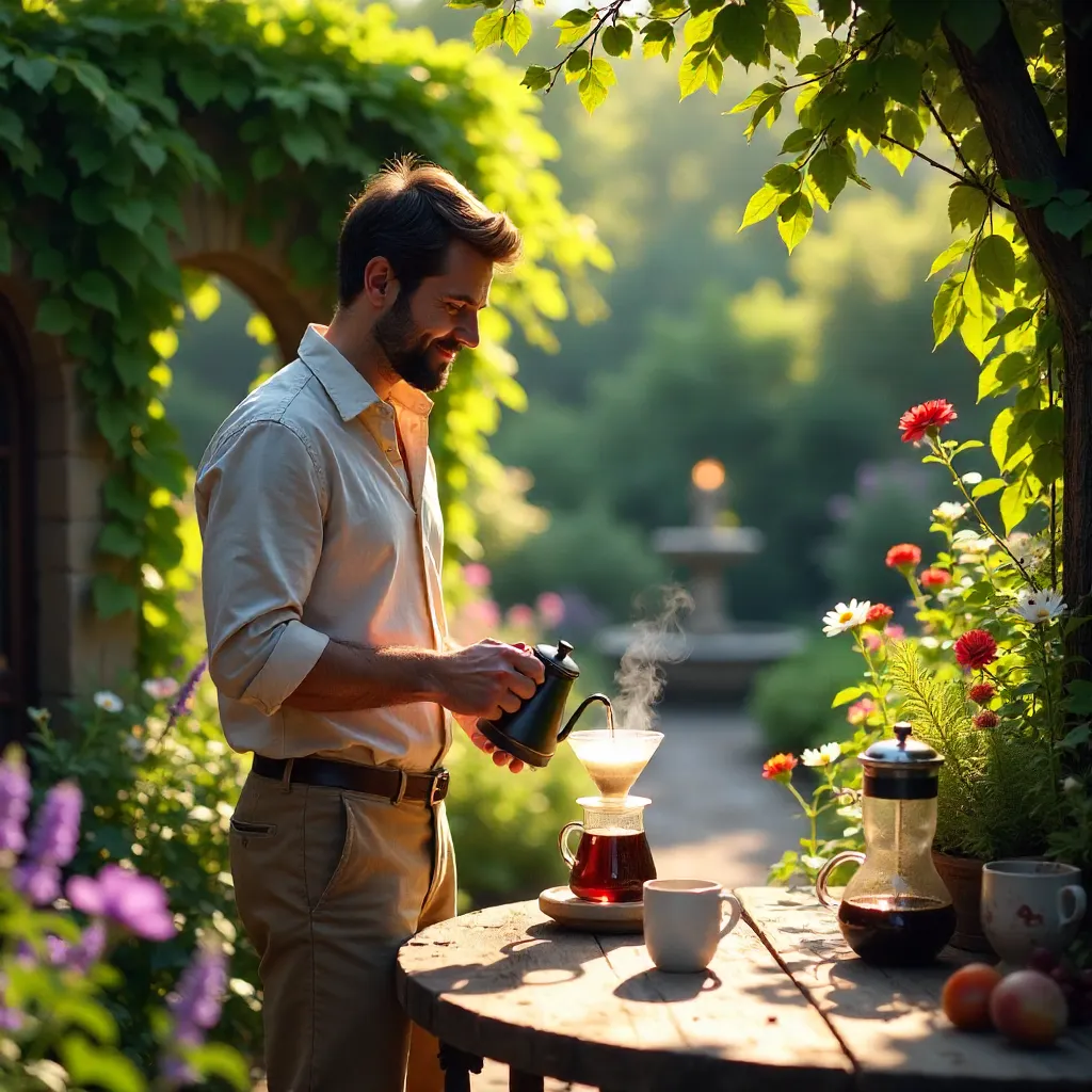 A Man Brews Coffee in a Lush Outdoor Garden