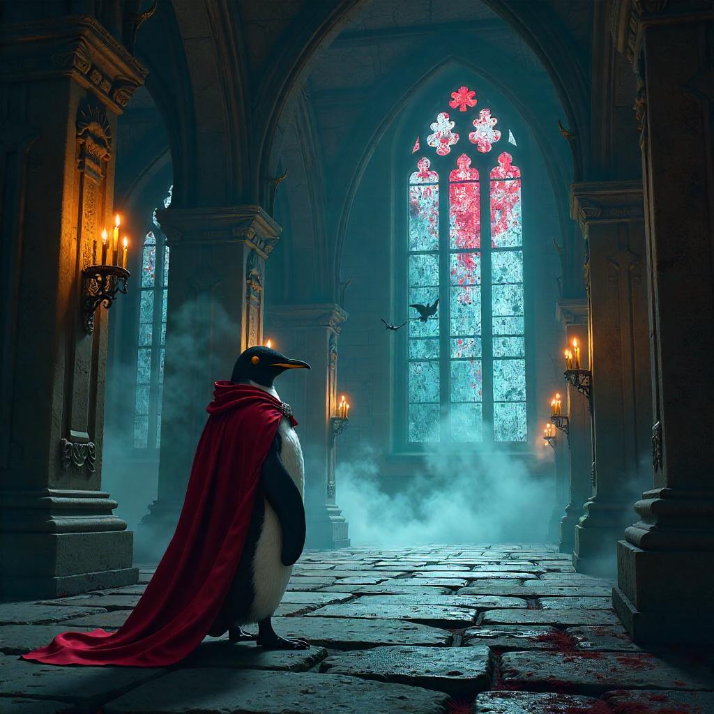 Penguin Concept Art in a Vampire Castle