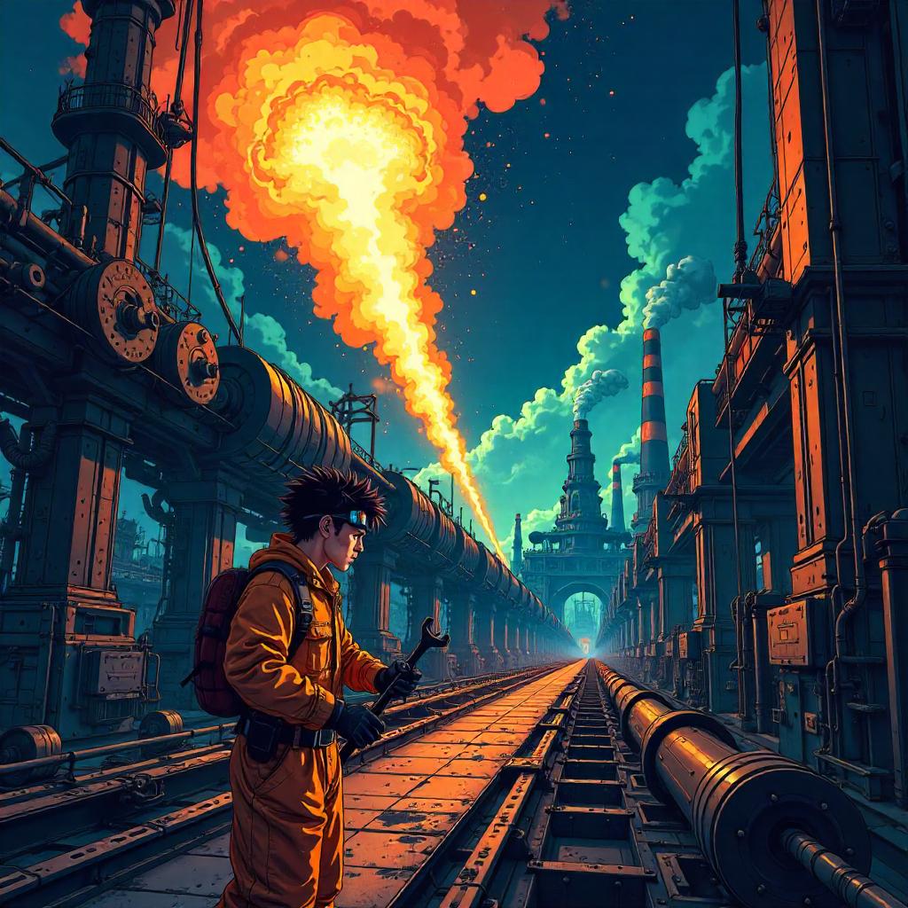 Meteor Over the Gear Factory in Anime Style