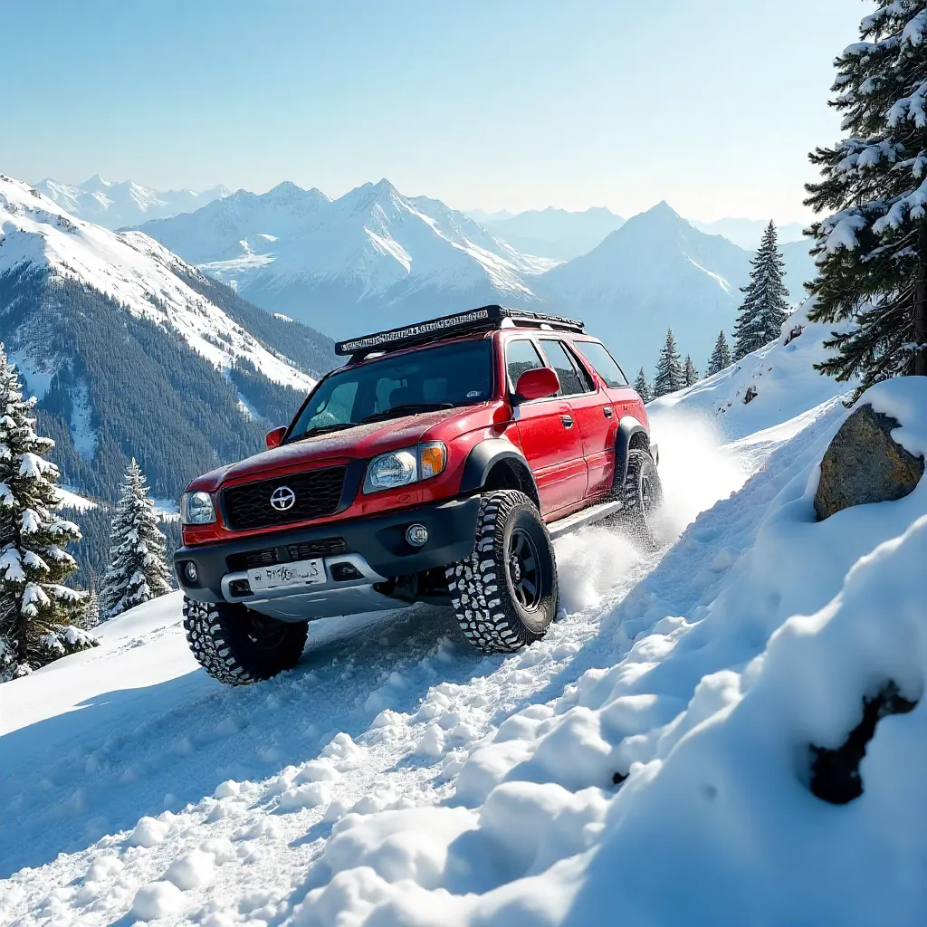 Red SUV Climbing Snowy Slope in Trabzon, Türkiye