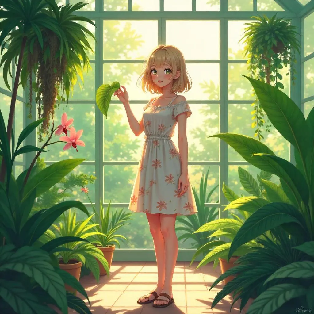 Anime Style Young Woman in a Lush Conservatory