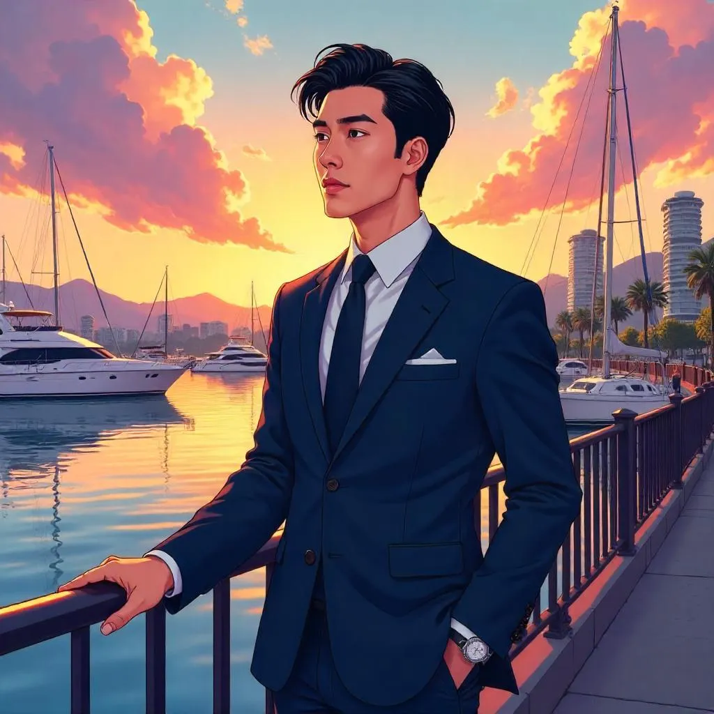 Anime-Style Professional Asian Man at the Marina