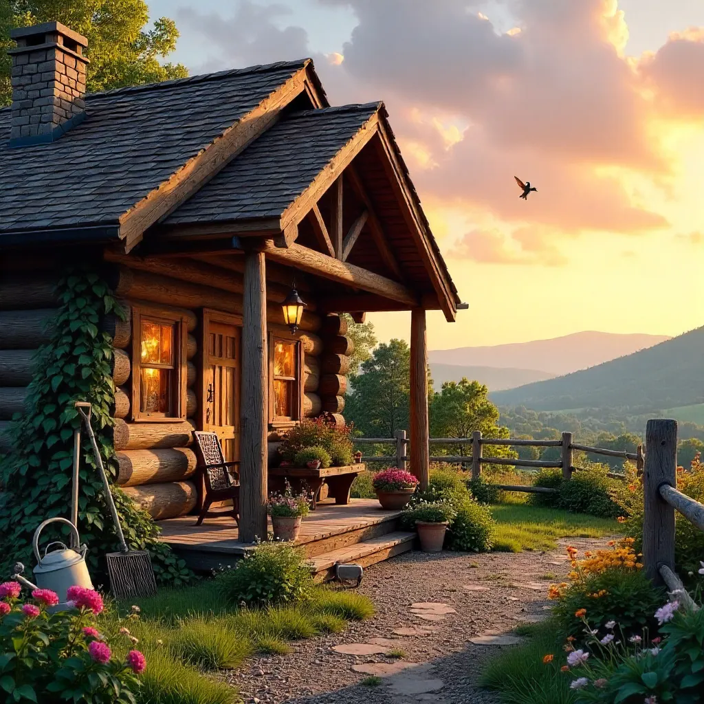 Sunset Charm: Log Cabin in a Peaceful Garden