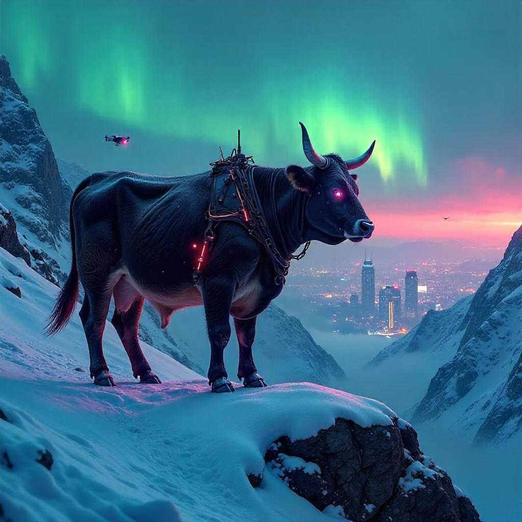 Cyberpunk Cow on a Snowy Summit