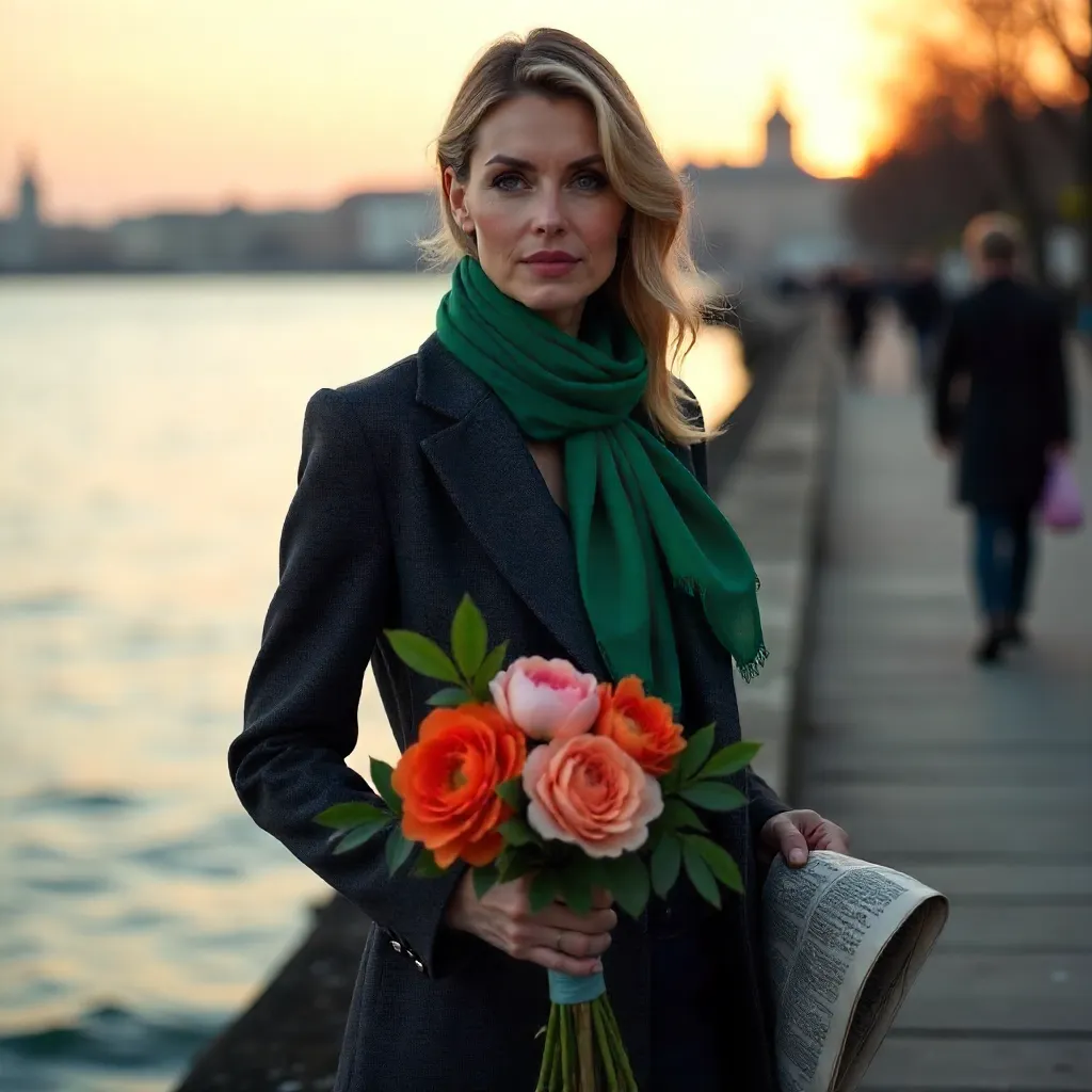 Elegant Waterfront Woman with Flowers and Newspaper