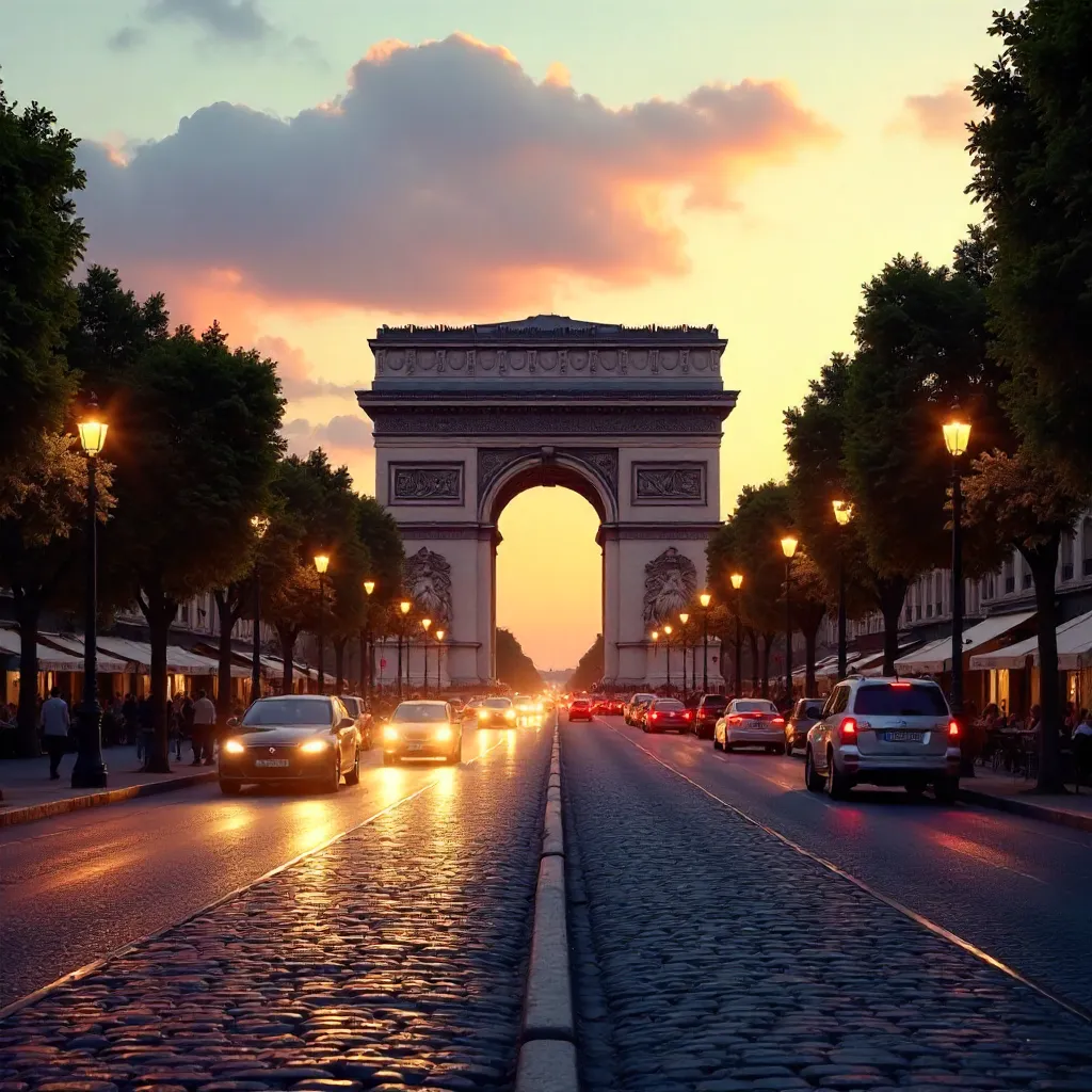 Paris Sunset at Arc de Triomphe — Evening Traffic