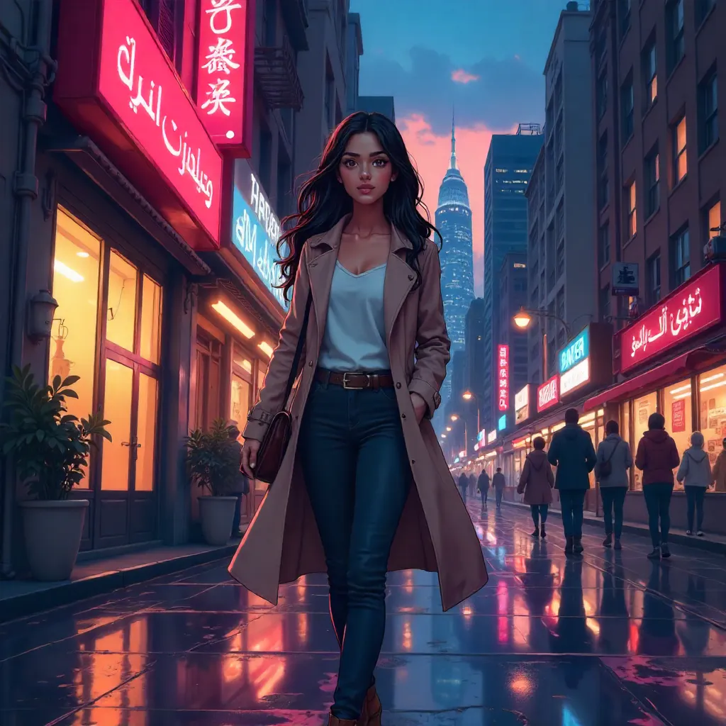 Neon Street Walk: Anime Portrait of a Young Middle Eastern Woman