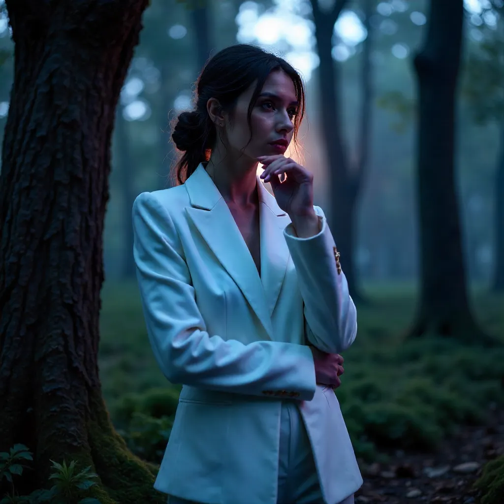 Twilight Forest: Woman in White Suit Poses
