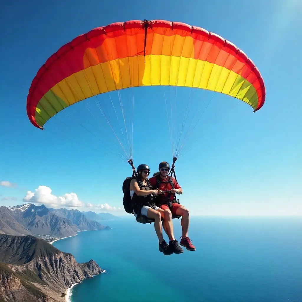 Thrilling Tandem Paragliding Under Colorful Canopy