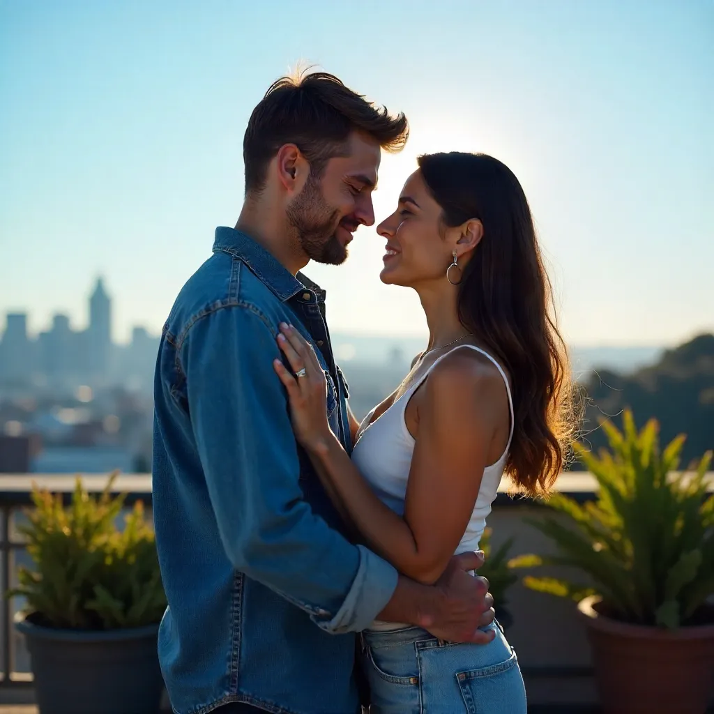 Rooftop Embrace Under a Sapphire Sky