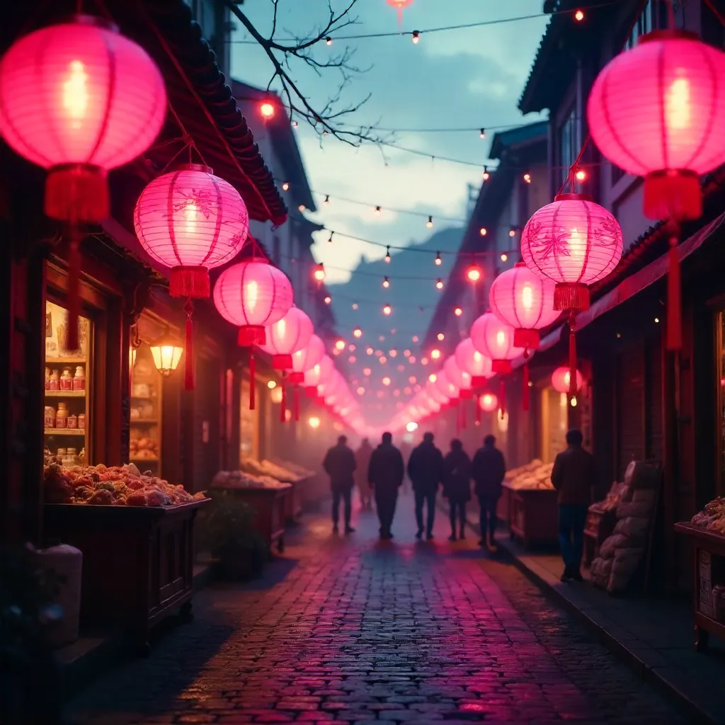 Rows of Pink Lanterns with Red Tassels