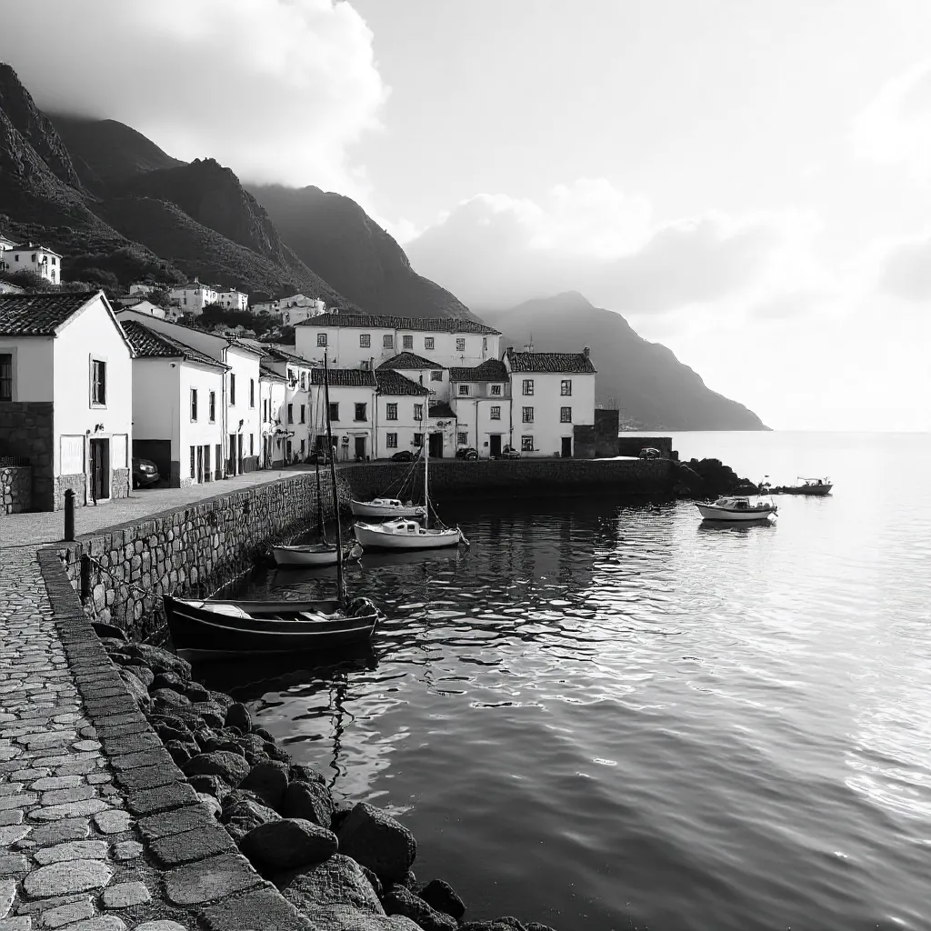 Monochrome Madeira Coastal Village with Boats