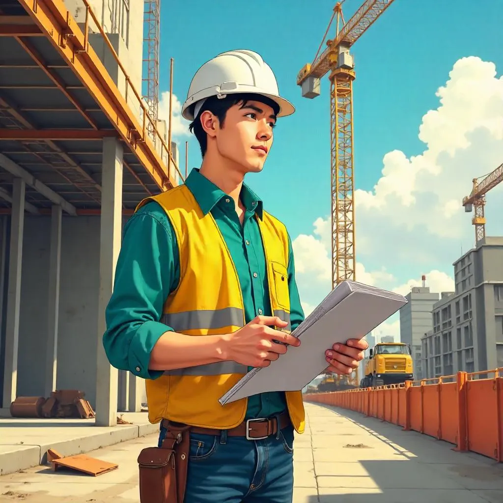 Anime-Style Young Asian Man at a Construction Site