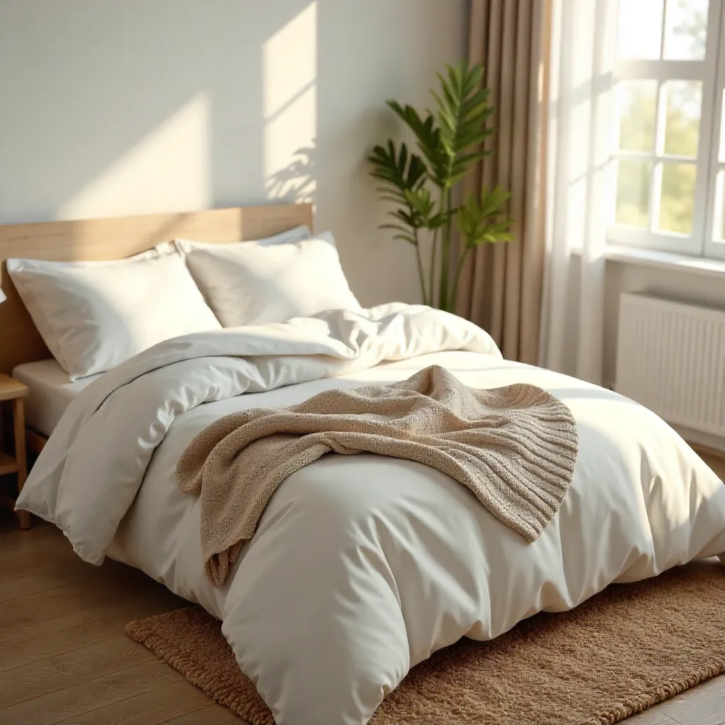 Cozy Bedroom: White Bedding and Beige Sweater