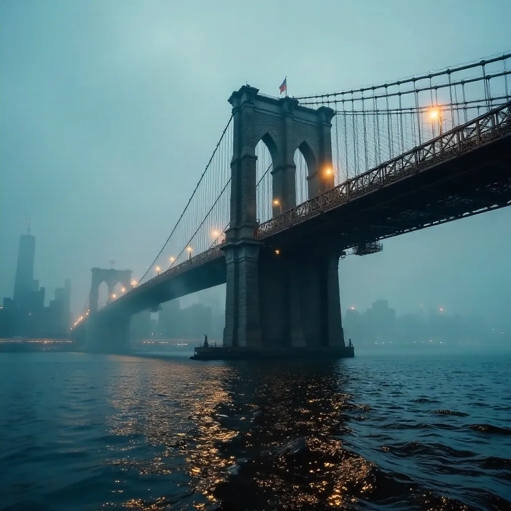 Moody Brooklyn Bridge in Fog Over NYC Skyline