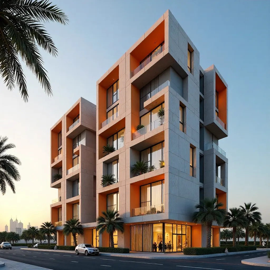 Striking Geometric Dubai Facade with Orange Accents