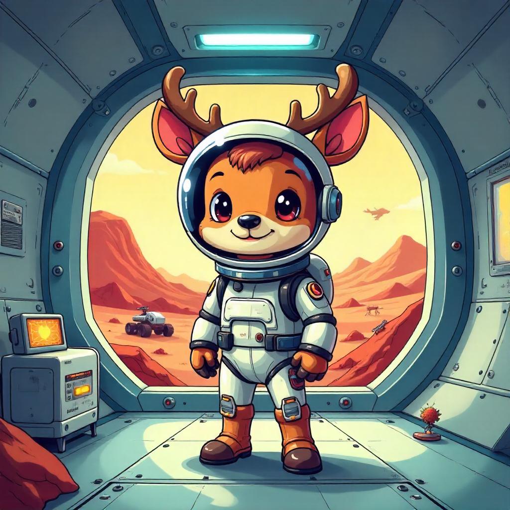 Cartoon Deer Exploring a Mars Base