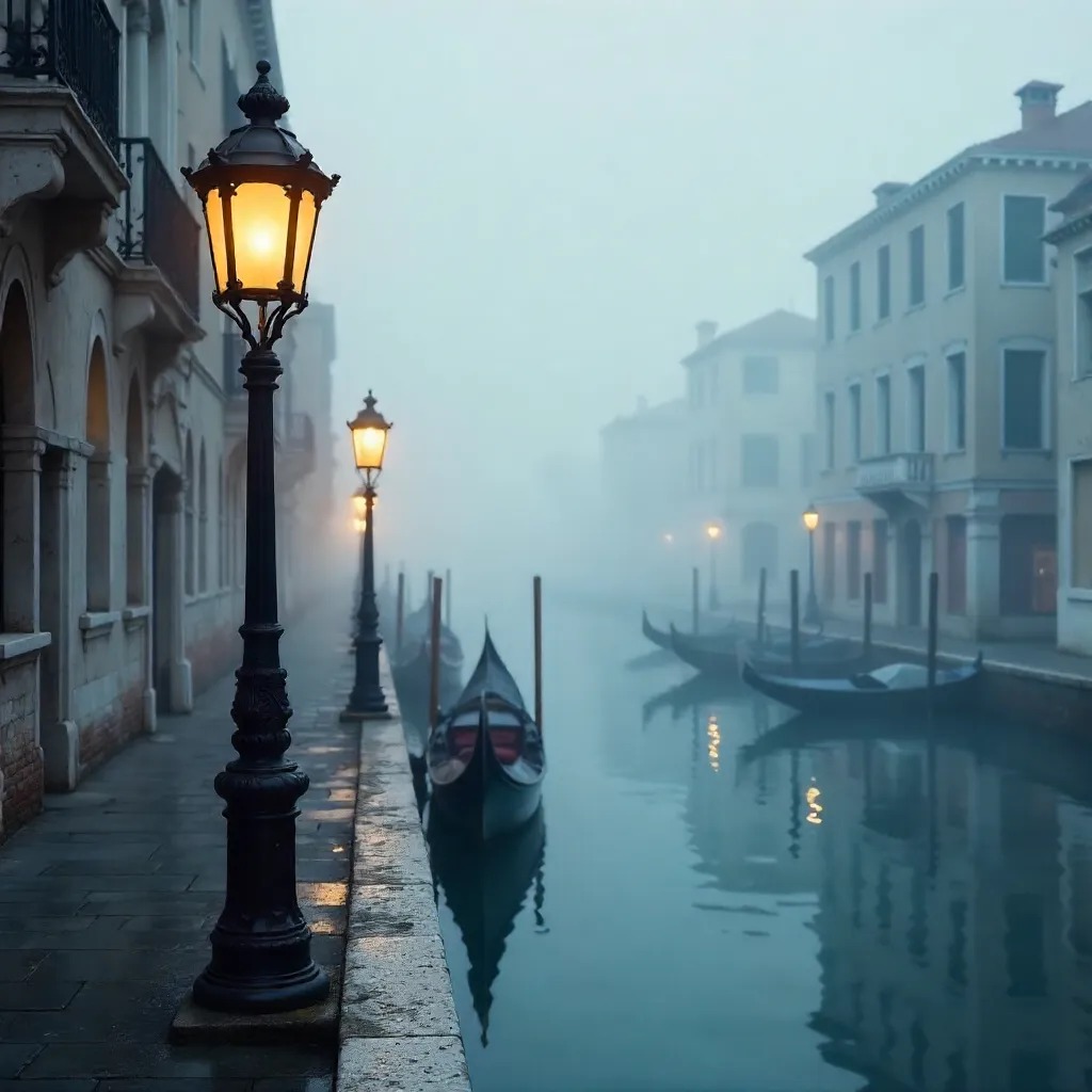 Calm Venice Canal at Dawn: Fog, Lamp, and Boats
