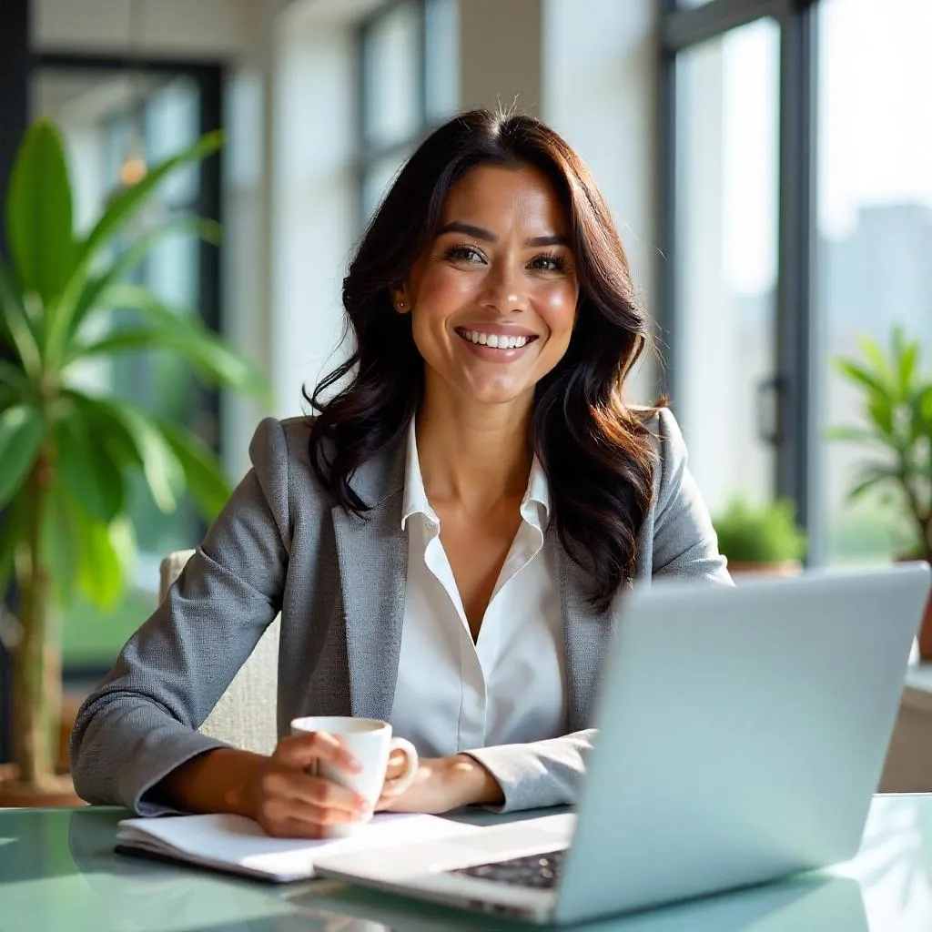 Cheerful Latina Professional in a Bright Office