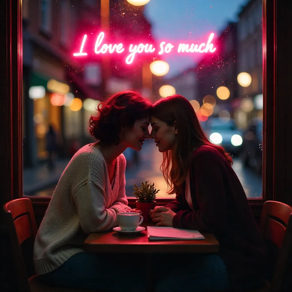 Neon Window Moment: Two Women in a Cozy Café