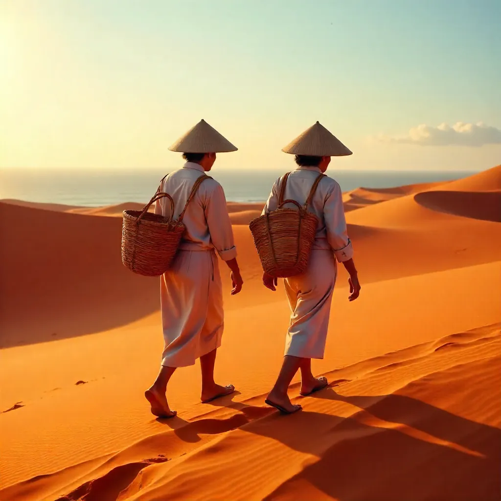 Two Farmers Trekking the Red Dunes of Bình Thuận
