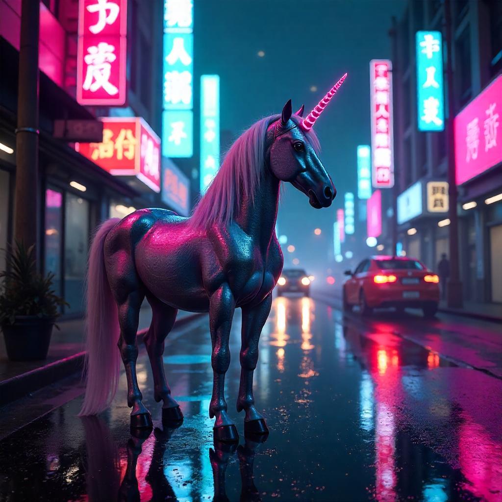 Neon Night Cyberpunk Unicorn Photograph