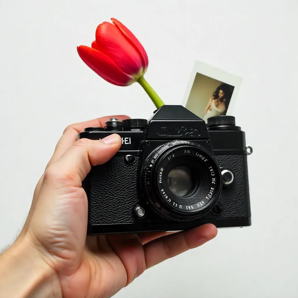 Hand with Vintage Camera, Tulip, and Polaroid
