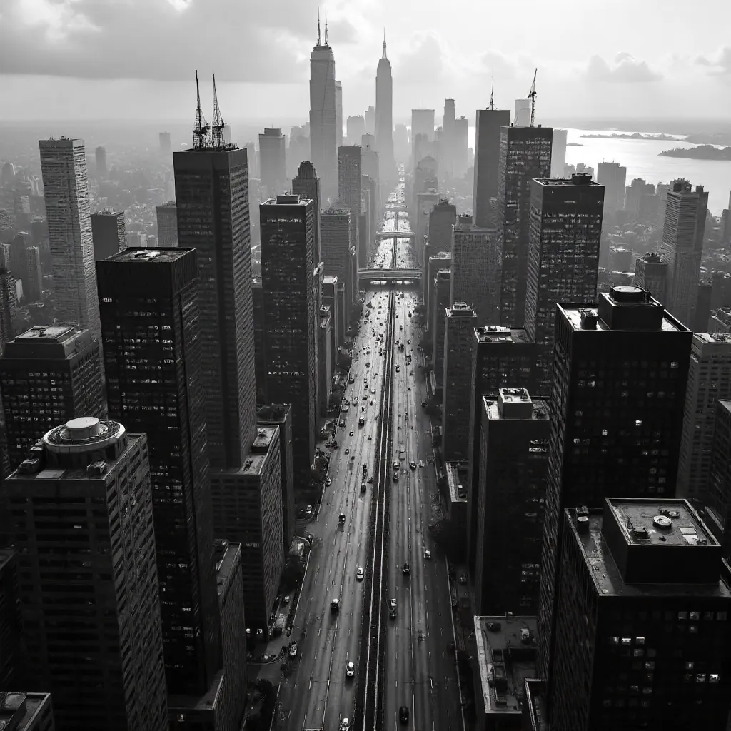 Monochrome Aerial Cityscape of Busy Skyscrapers