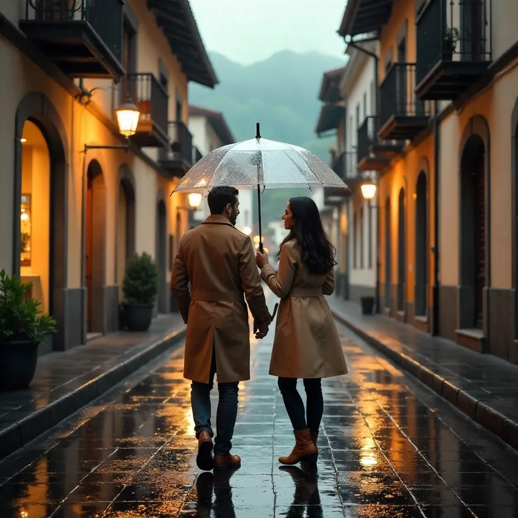 Shared Umbrella on a Rainy Gramado Street
