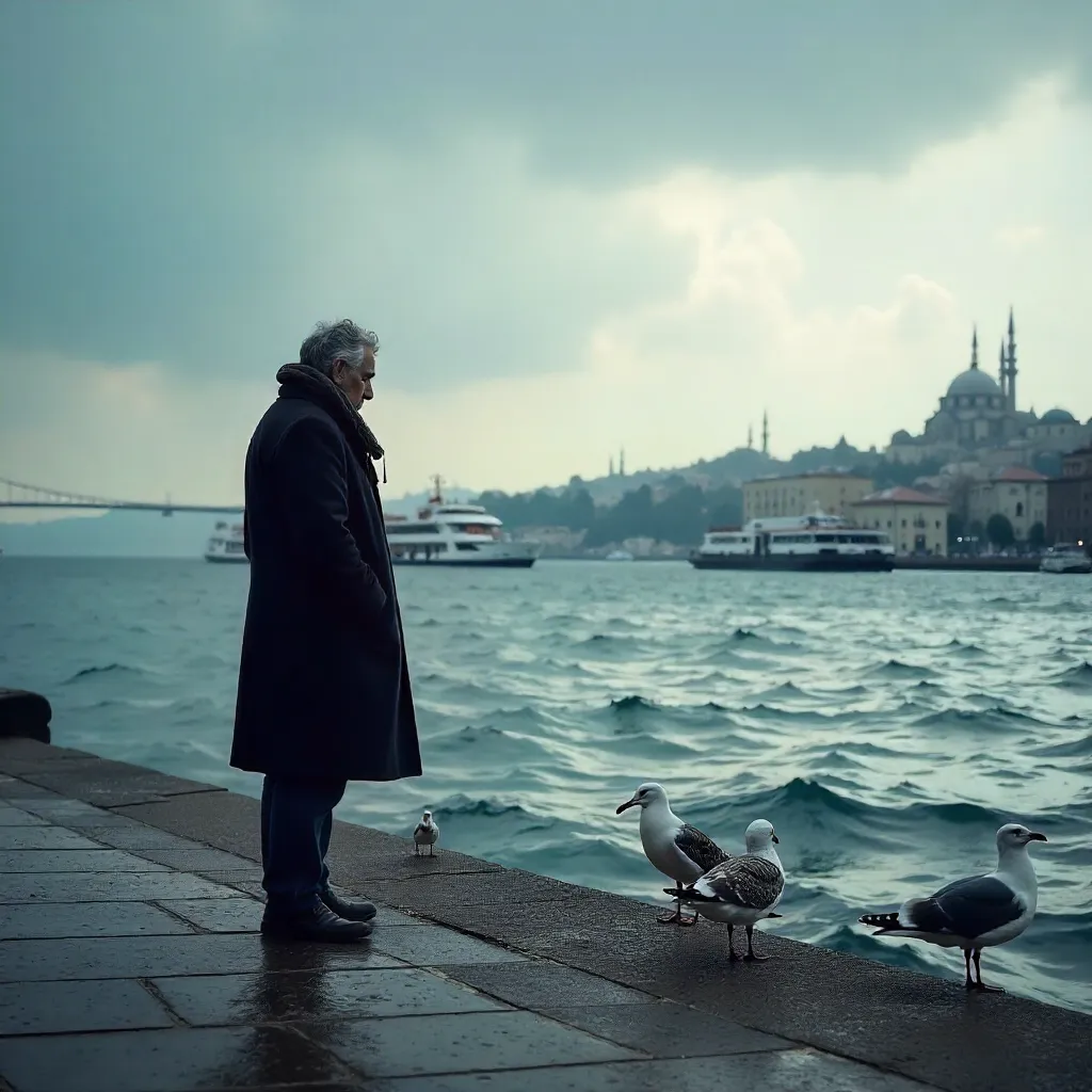Seagulls by the Bosphorus in Istanbul on a Cloudy Day